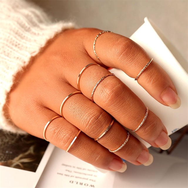 Gold Twist Pearl Pearl Rings Set Fashion Geometric Hollow Crystal Ring For Women Heart Joint Rings Boho Jewelr Accessories