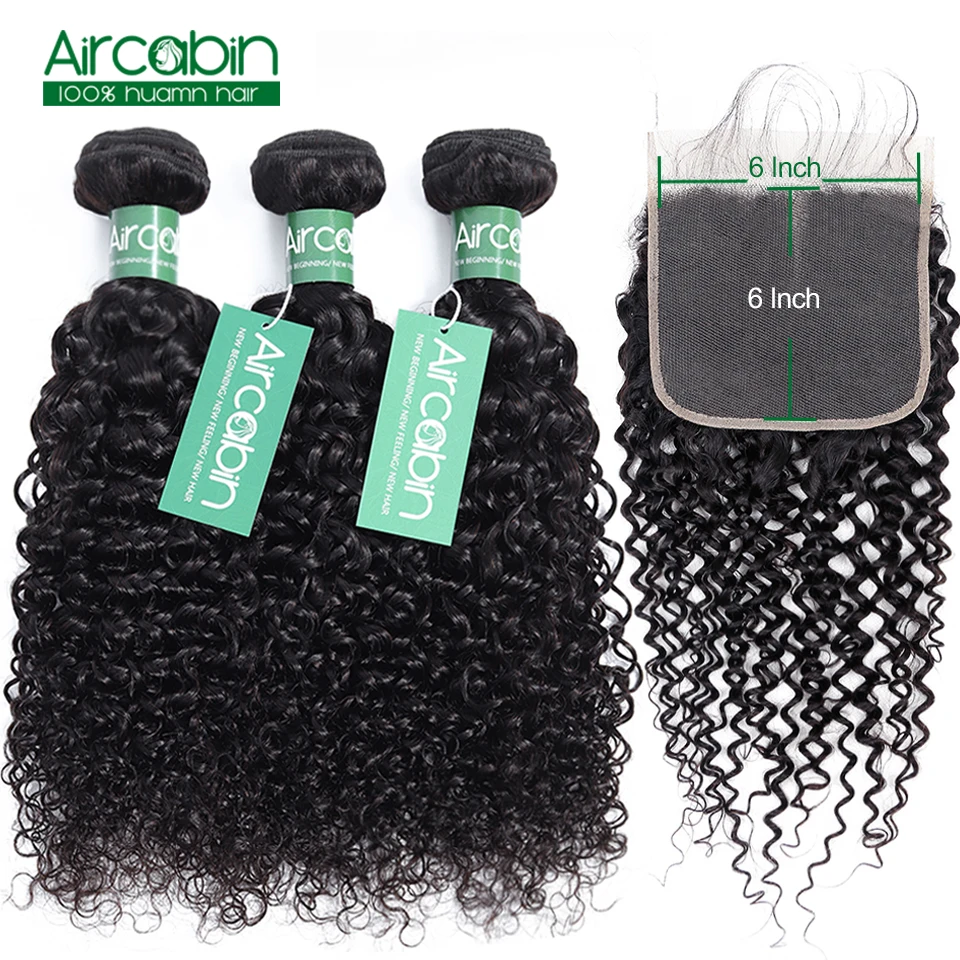 

Aircabin Kinky Curly Wave Bundles With 6x6 Closure Human Hair Weave Bundles With Closure Non Remy Brazilian Bundle With Closure
