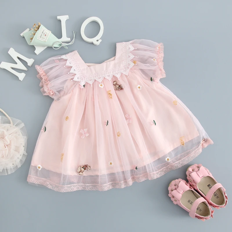 

Baby Girls Dress Summer Embroidery Lace Birthday Flare Sleeve Infant Princess Wedding Dress Newborn Clothes White Pink 0-3T