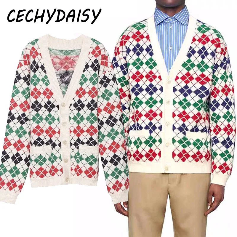 Plaid Sweater Women Colorful Christmas Cardigan Knitted Coat Winter Couple Wear Oversize Vintage Man Tops Clothing Jumper femme