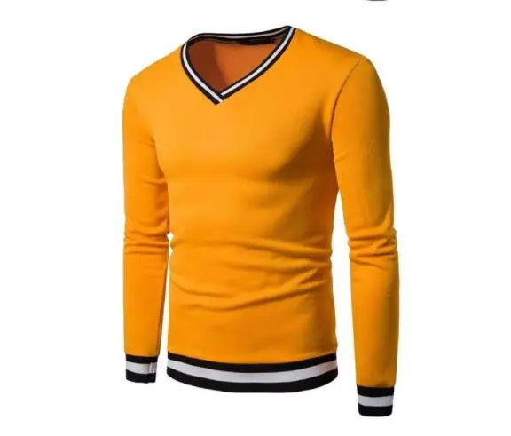 A16 new casual fashion men's simple solid color large body color matching screw mouth V-neck long sleeve sweater
