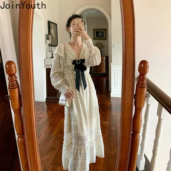 

Joinyouth Vintage Lace Bottom Dresses 2020 Spring Autumn Long Sleeve V-neck Bowknot Vestidos Korean Causal Solid Dress 58958