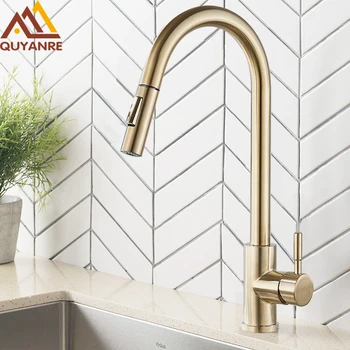 

Quyanre Brushed Gold Kitchen Faucet Pull Out Kitchen Sink Water Tap Single Handle Mixer Tap 360 Rotation Kitchen Shower Faucet