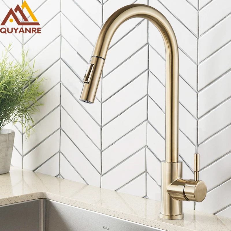  Quyanre Brushed Gold Kitchen Faucet Pull Out Kitchen Sink Water Tap Single Handle Mixer Tap 360 Rot - 33019442170