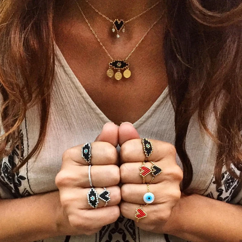 FAIRYWOO-Anillo de corazón Punk para mujer, joyería Bohemia Miyuki con cuentas hechas a mano, anillos de aniversario para mujer, anillo a granel