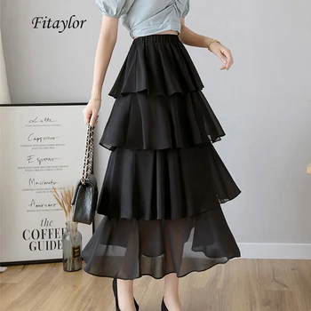 

Fitaylor Spring New Sweet Cake Layered Long Chiffon Skirts High Waist Ruffled Vintage Polka Dot Print Slim A-line Skirt