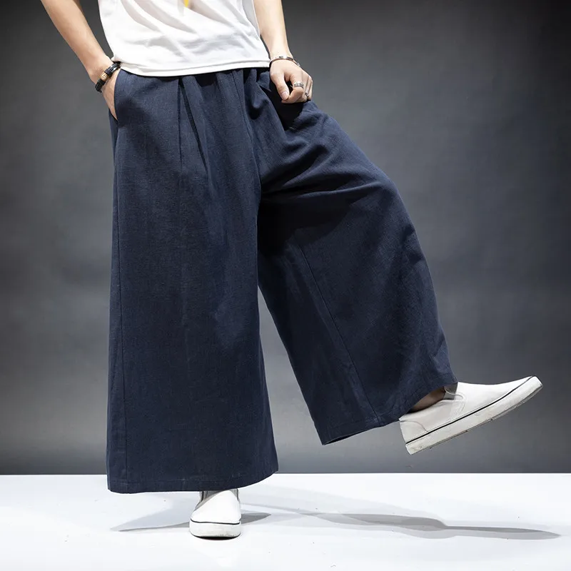 Japan style men's cotton linen wide leg pants plus size ML-7XL Vintage casual Elastic Waist Pockets Joggers Retro Loose Trousers wide leg pants