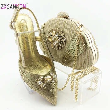

African Golden Special Design Ladies Matching Shoe and Bag Material with Pu Italian Shoes and Bags Set for Party Women Shoes