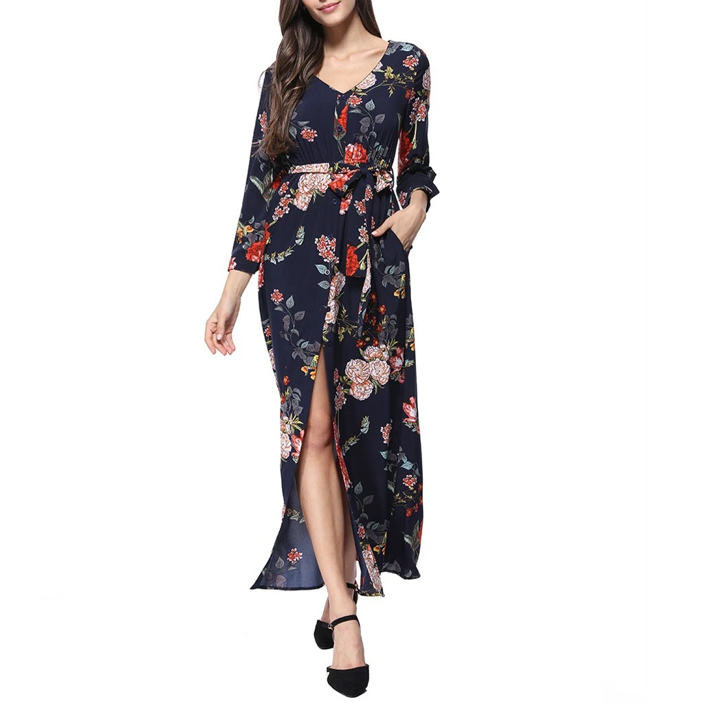 Loose Dresses Long Sleeve Winter Bohemian Beach Women Floral Print  Runway Dress Autumn Party Night Sundress Vestidos 822