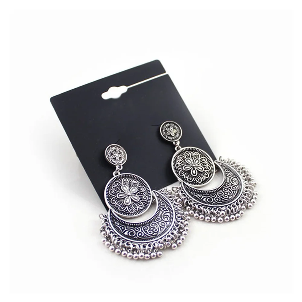 Boho Винтажные серьги, этнические резные цветочные Подвесные серьги с кисточкой для женщин, традиционное индийское Ювелирное Украшение Jhumka Jhumki 1 пара - Окраска металла: Silver