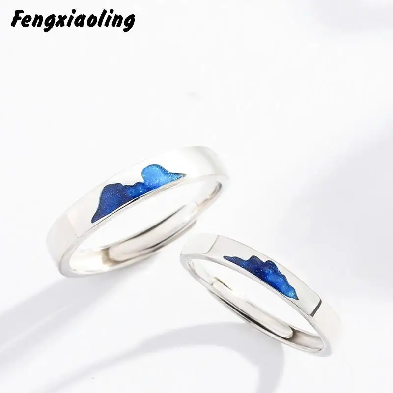 

Fengxiaoling Real 925 Sterling Silver Minimalism Blue Drop Glaze Clouds Open Couple Ring Fine Jewelry Cute Accessories 2020