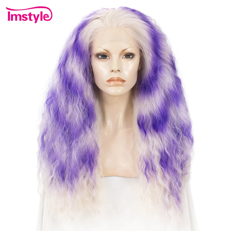 

Imstyle Purple Blonde Ombre Wig Curly Long Synthetic Lace Front Wig For Women Two Tone Heat Resistant Fiber 26 inch Cosplay Wig
