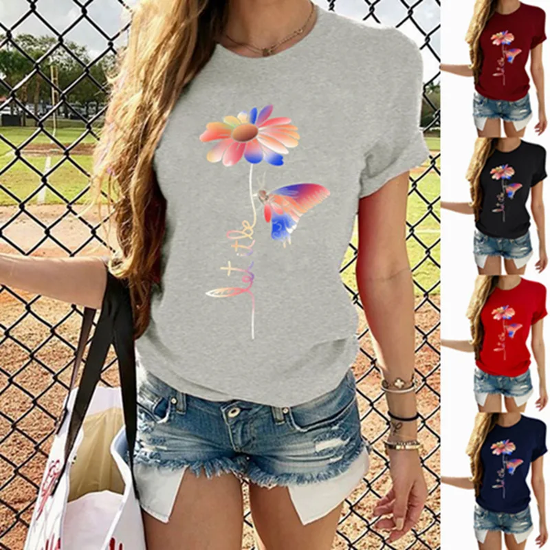 

Let It Be Letter Daisy Print T Shirt Women Short Sleeve O Neck Loose Tshirt Summer Women Tee Shirt Tops Camisetas Mujer