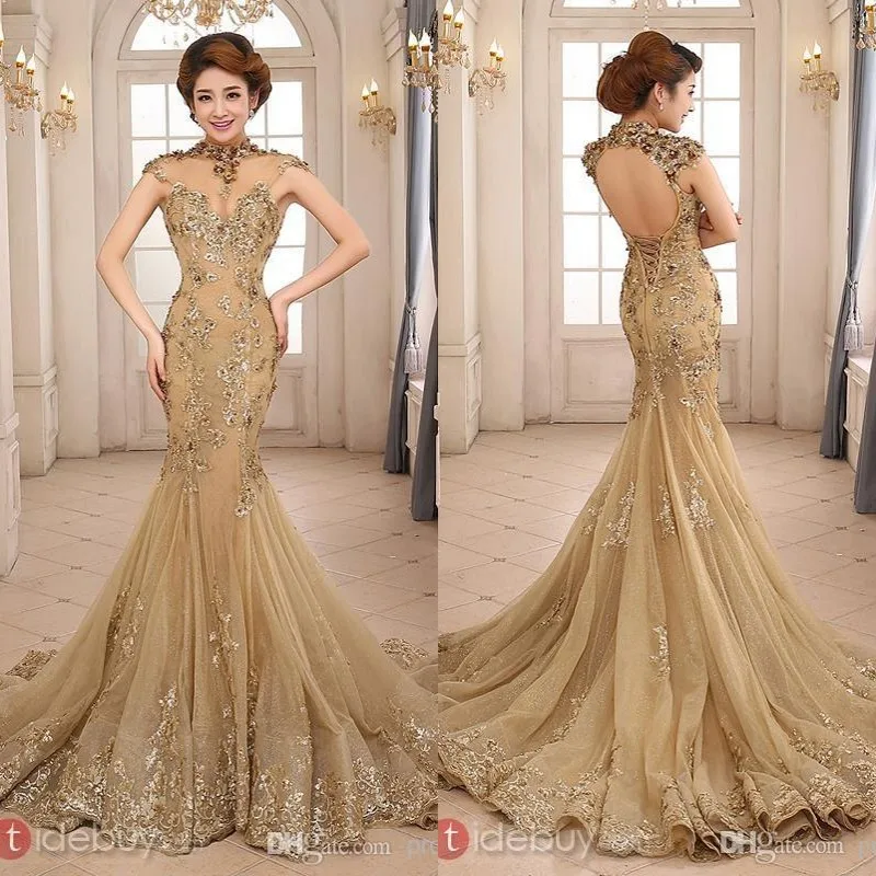New Arrival Luxury Gold Mermaid High Neck Backless Chapel Train Sequins Lace Appliqued Tulle Evening Mother of Bride Dress