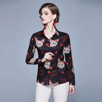 

Cat Print Black Shirt Women Spring Summer Elegant Work Wear Long Sleeve Blouse Top Female Shirts Tops Korean Fashion Clothes