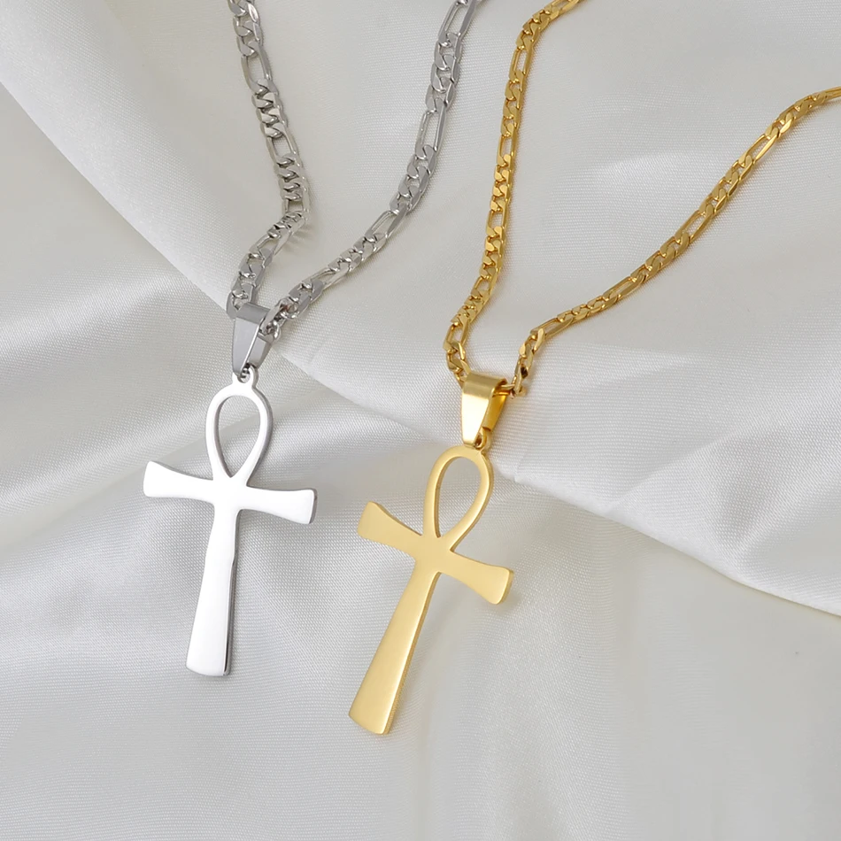 Solid Silver Gold & Plated 9ct Egyptian Ankh Cross Pendant & Chain In Gift Box
