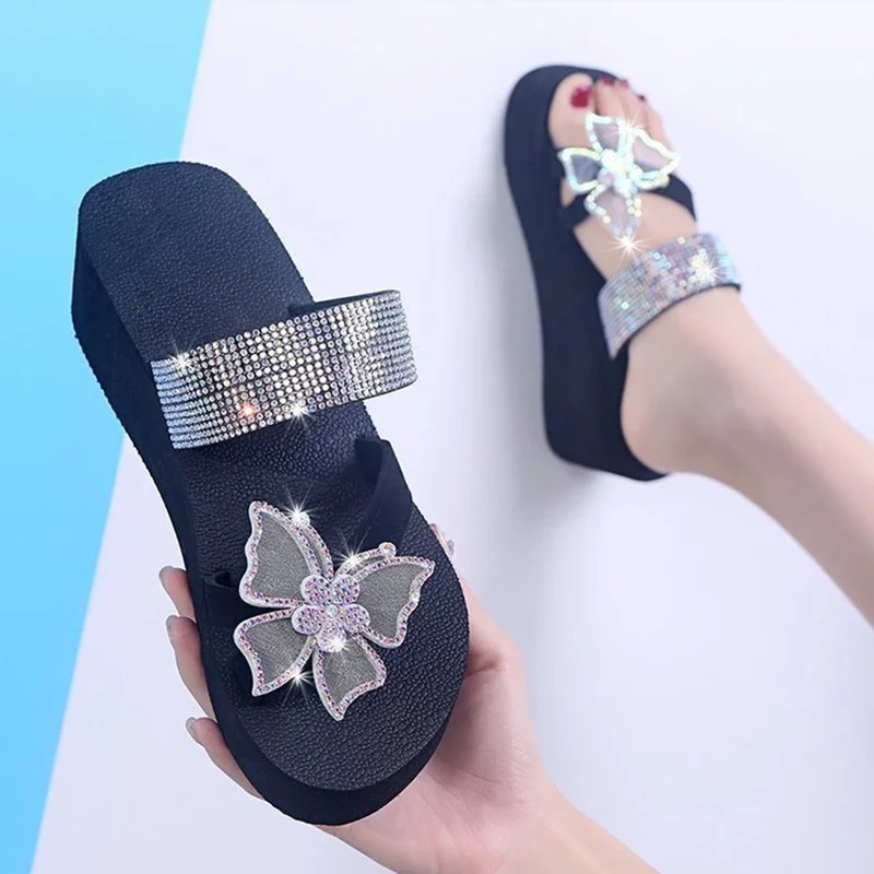 Zapatillas de plataforma con diamantes de imitación para mujer, zapatos de mariposa con punta abierta, cómodos y elegantes, para verano, 2021