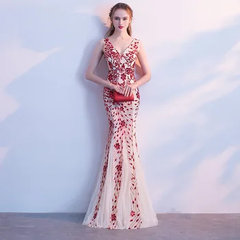 

Evening Dress Red Bling Sequined V-Neck Backless Women Elegant Party Gowns Mermaid Formal Dresses Tank Robe De Soiree F244-2