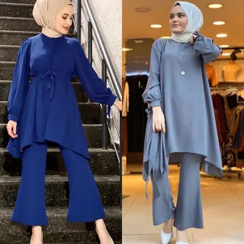 

WEPBEL Women Clothes Set Arab Girls' Clothing Muslim Suit Long Top + Pants Solid Color Ruffles Summer Casual Fashion