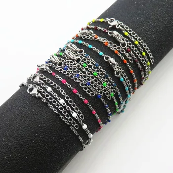 

14/15/16/17/18/19cm And 3cm Extend Blue Black Red Green White Purple Bead Bracelet Stainless Steel Chain Bracelet Women Jewelry