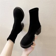 

2021 Autumn Winter New Women's Short Boots Elastic Ankle Boots High-heeled Simple Frosted Thick-soled Thick-heeled Women Shoes