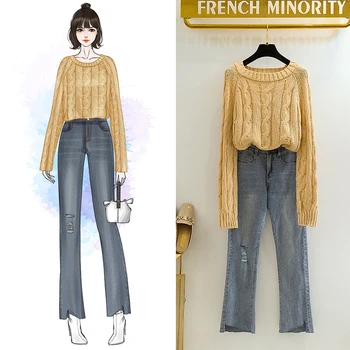 

Twist Sweater Denim Pants Casual Clothing Sets Women Knitting Coat Jeans Tall Waist Hole Flares Trousers Casual Outfit Top