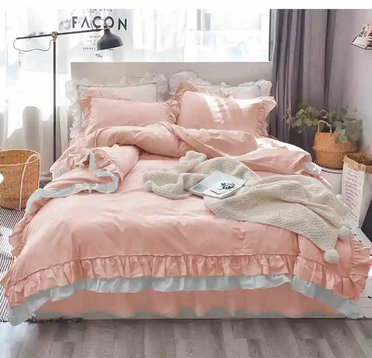 Light Pink Белые комплекты постельного белья с оборками хлопок 4 шт. принцесса пододеяльник романтическое свадебное покрывало кровать юбка сплошной цвет комплект постельного белья - Цвет: Light Pink