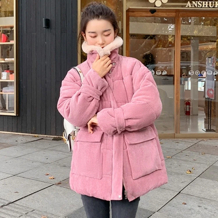 pink corduroy jacket with fur collar