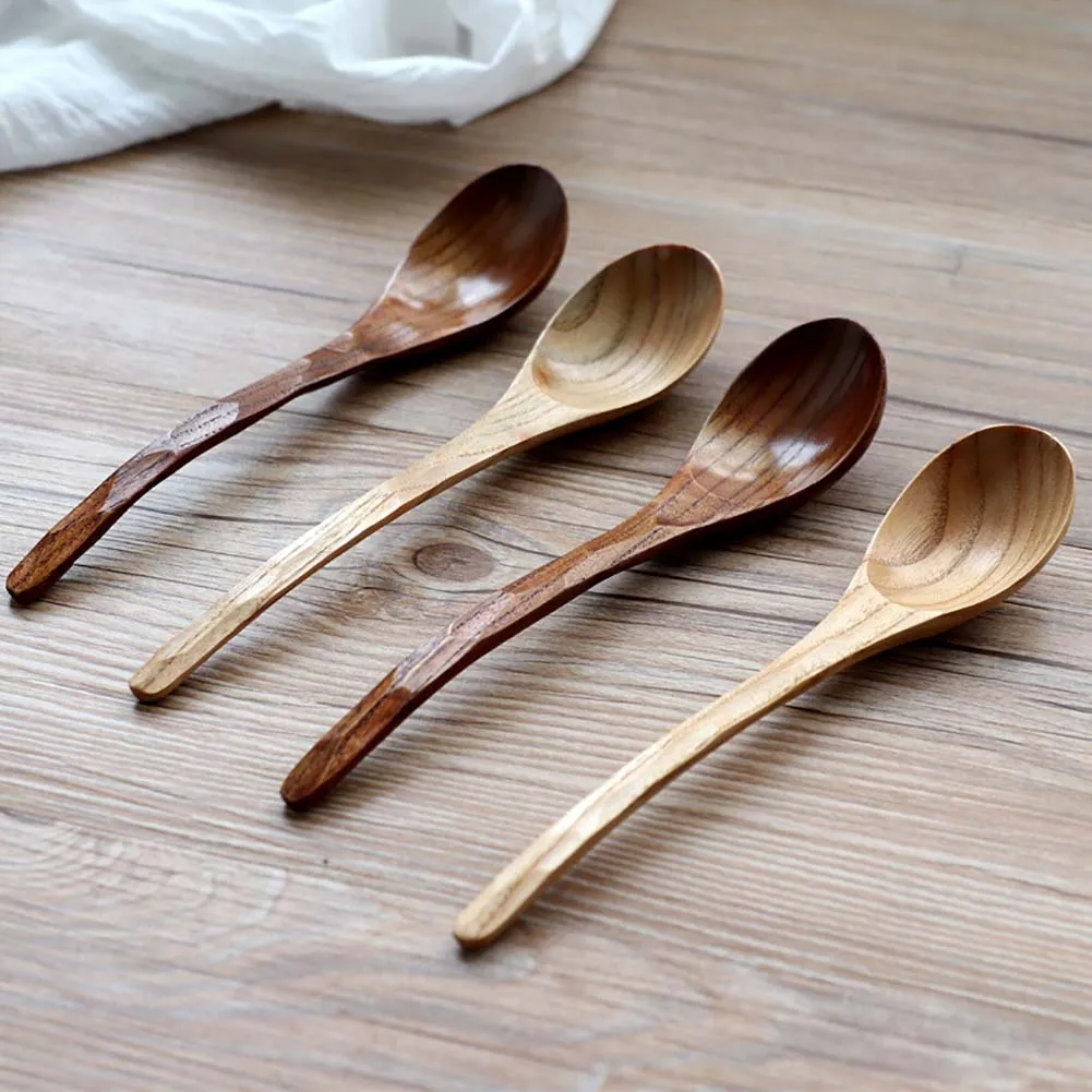 Wooden Antiskid Bent Long Handle Soup Porridge Spoon Kitchen Utensils Tableware