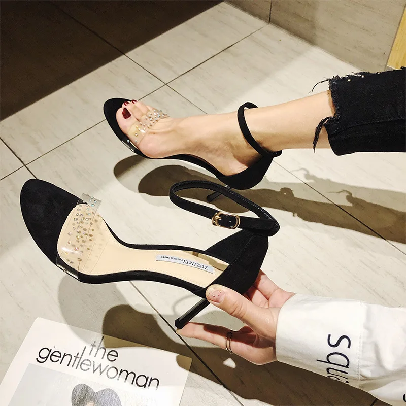 

3319-6 Sandals Women's Thin Heeled Summer 2019 New Style Korean-style Versatile-Man-made Diamond A- line Buckle High Heel Shoes