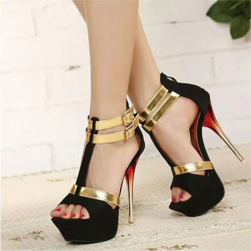 

Women Platform Heels Sandals Summer Peep Toe Slides Sexy High Heels Pumps Bling Buckle Shoes Andalias Mujer Black Blue Red