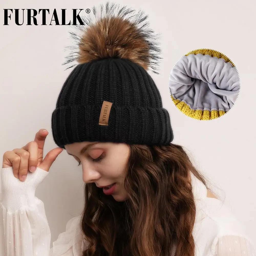 Женская вязаная шапка с помпоном FURTALK, теплая шапочка с помпоном из натурального меха енота, с бархатной подкладкой, для зимы