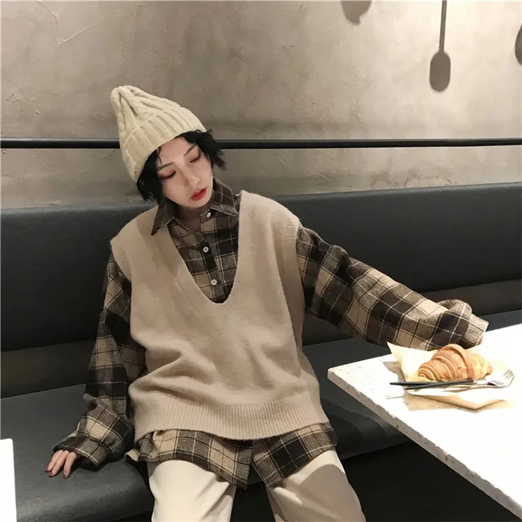 Harajuku Stylw шикарный Однотонный свитер жилет для колледжа для женщин на улице осень/зима ветер v-образным вырезом жилет клетчатая рубашка куртка