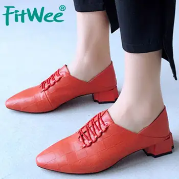 

FITWEE Real Leather Pattern Women Pumps Fashion Slip on Pointed Toe Shoes Party Office Women Square Heel Footwear Size 33-43