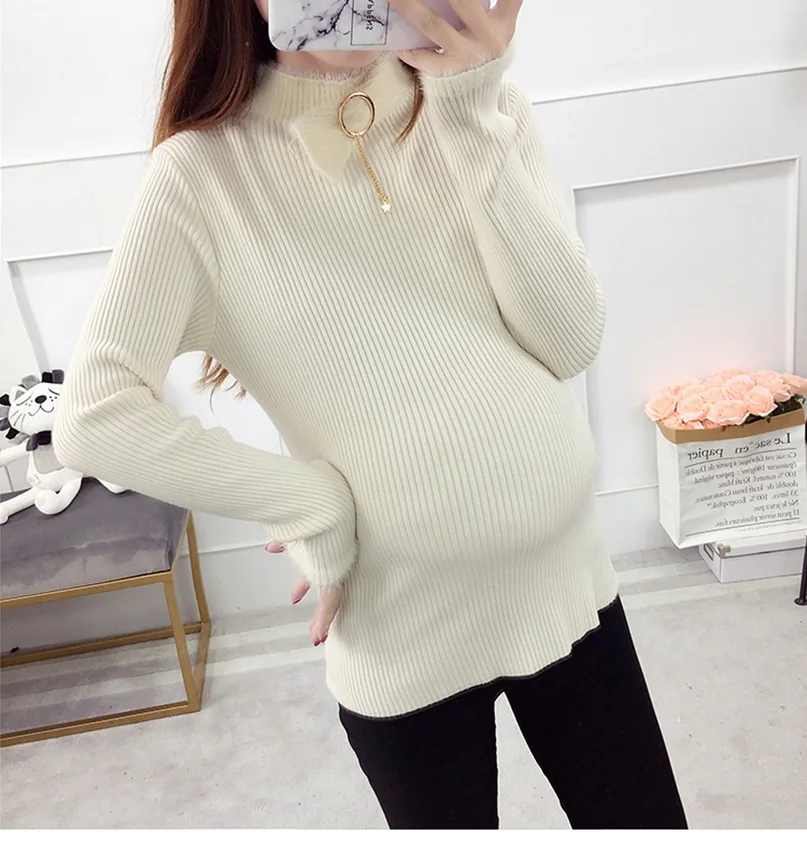 Новая осенняя и зимняя корейская мода для беременных платье куртка утепленный джемпер свитер с длинными рукавами - Цвет: Белый