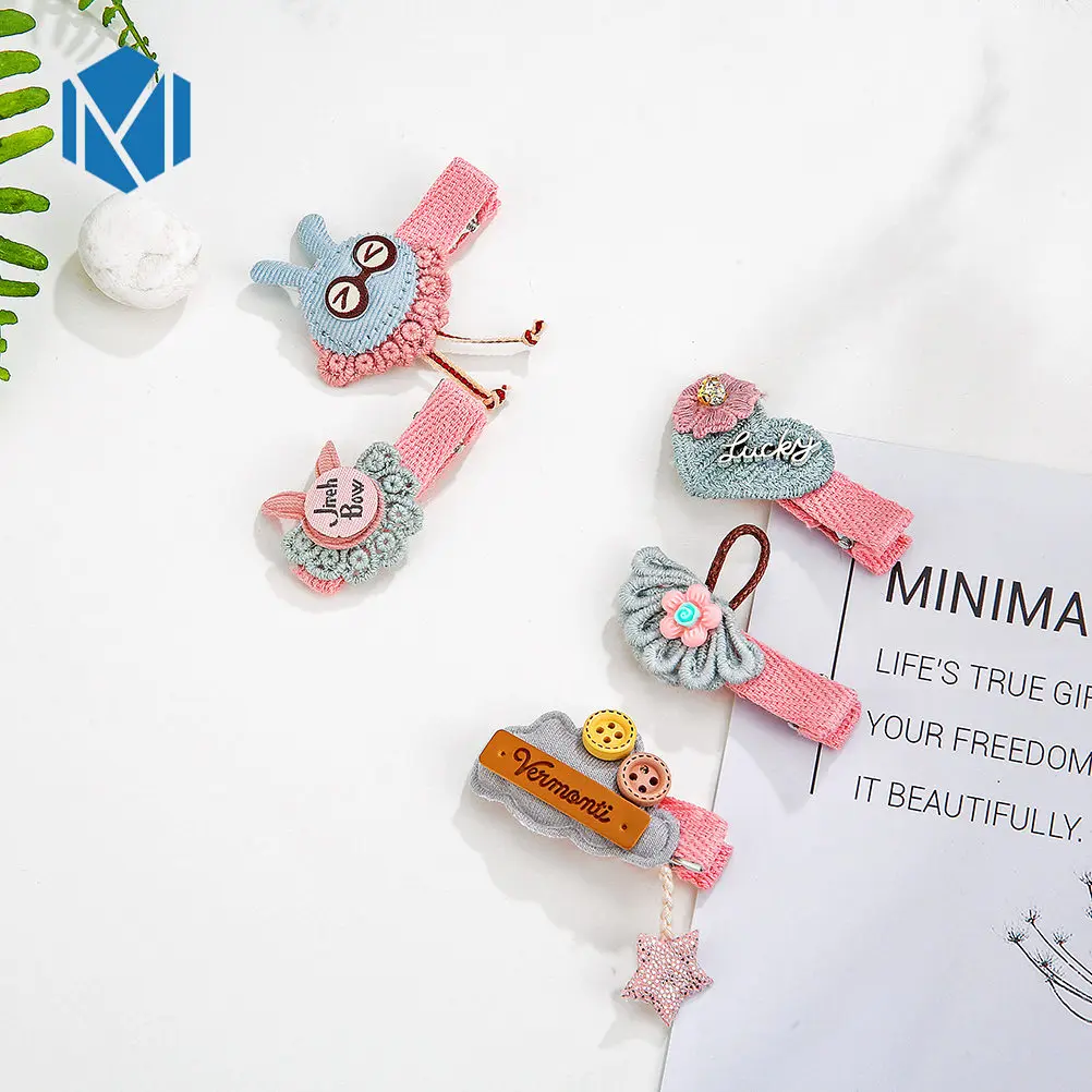 5pcs/set Fashion Full Covered Children Hair Clips Girls Cartoon Bow Cotton Hairpins Crown Kids Barrettes Cute Hair Accessories