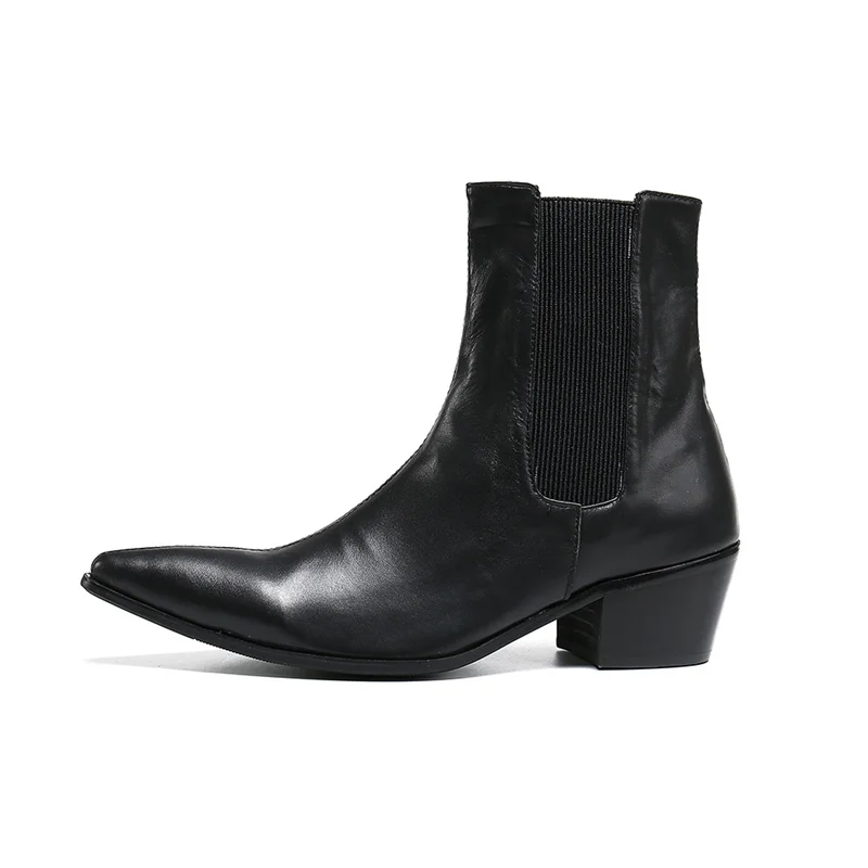 British Style Mens Chelsea Boots Leather Ankle Boots Pointed Toe Slip On Men High Fashion Elastic High Heel Work