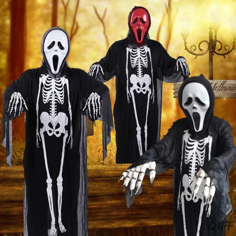 

Adult Unisex Halloween Cosplay Costume Skeleton Demon Ghost Witch Cloak Mask Gloves Fake Nails Party Trick Props Accessories Set