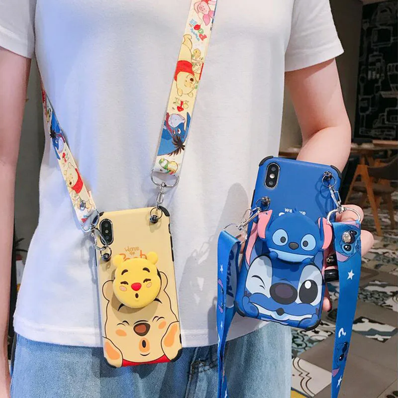 

QAYYNIMY Cute Cartoon Stich Anti-drop Phone Case with Kickstand and Neck Rope for iPhone X XR XS Max 6 6s 7 8 Plus