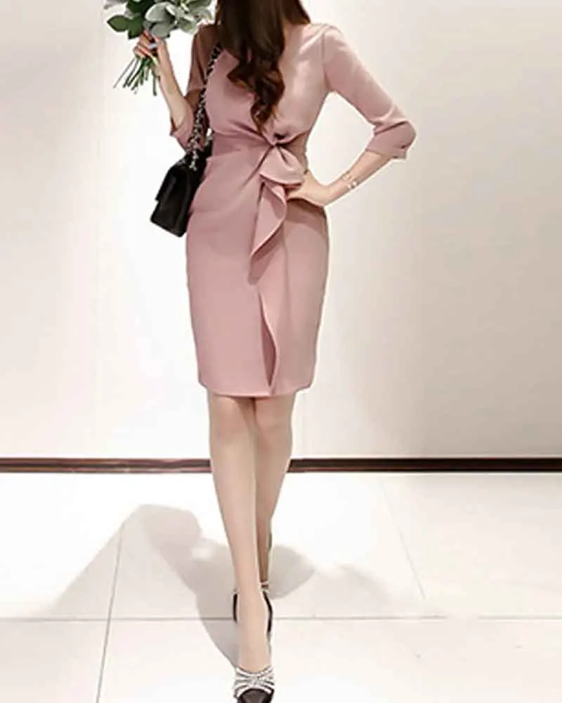

One-Piece Korean Dress New 2020 Spring Autumn Women Dress Bow Ruched Draped Pencil Dress Casual OL Ruffles Sheath Vestidos Dress