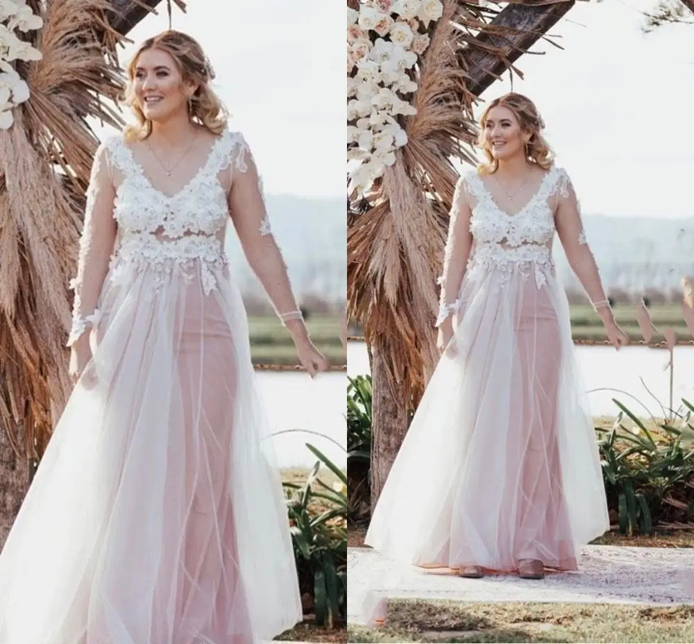 Wedding Dress Plus Size Blush Pink Long Sleeve V-Neck Sheath Floor Length Lace Appliques Bridal Gown Gorgeous Tulle Elegant |