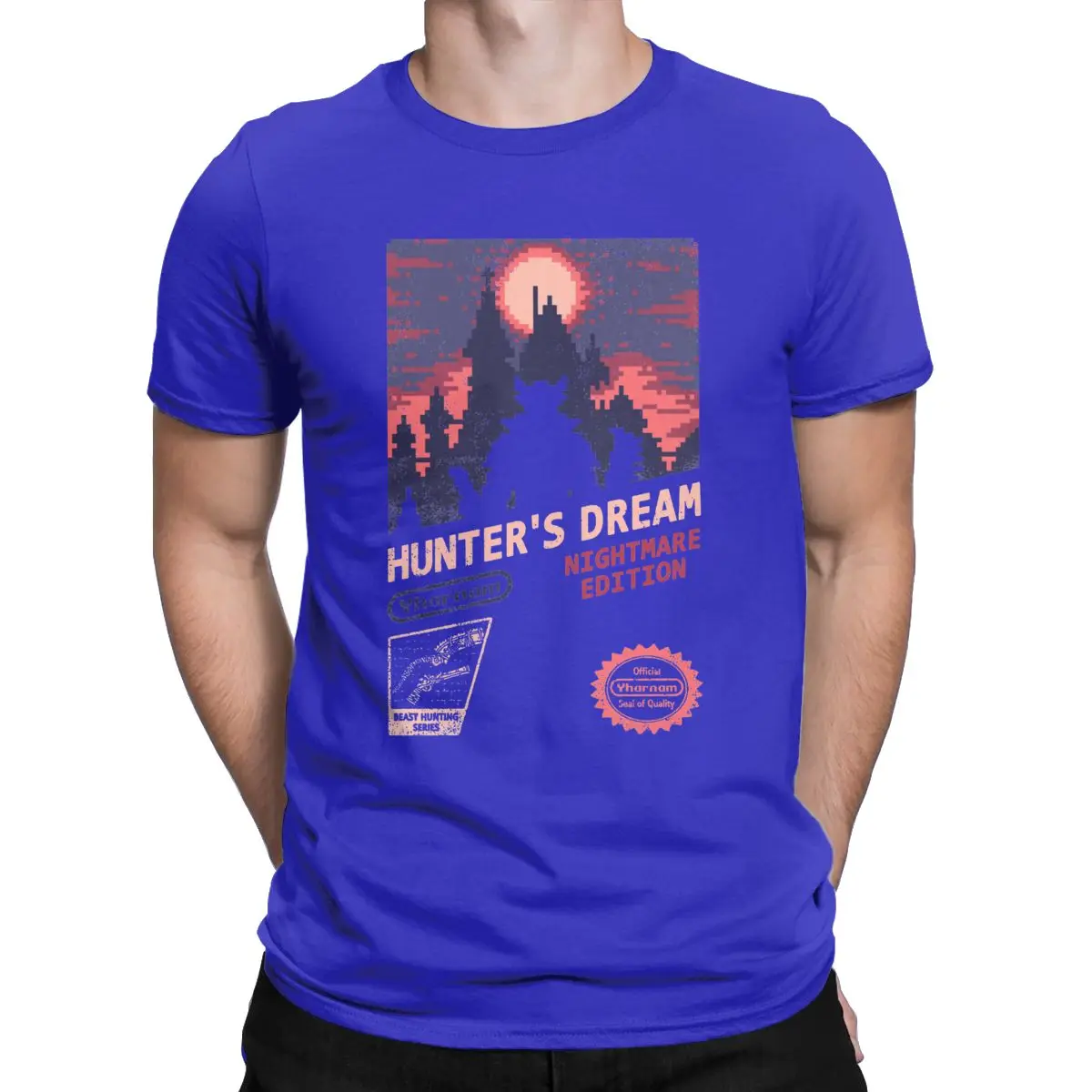 Мужские футболки с надписью «Hunter's Dream», топы из чистого хлопка с надписью «Bloodborne Dark Souls», сумасшедшие футболки с коротким рукавом, футболки с округлым вырезом, идея подарка - Цвет: Синий