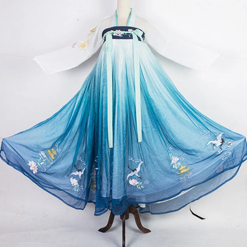 Женские танцевальные костюмы Hanfu с синей вышивкой, традиционное платье феи, наряд для народного фестиваля, одежда для выступлений певцов DC2707