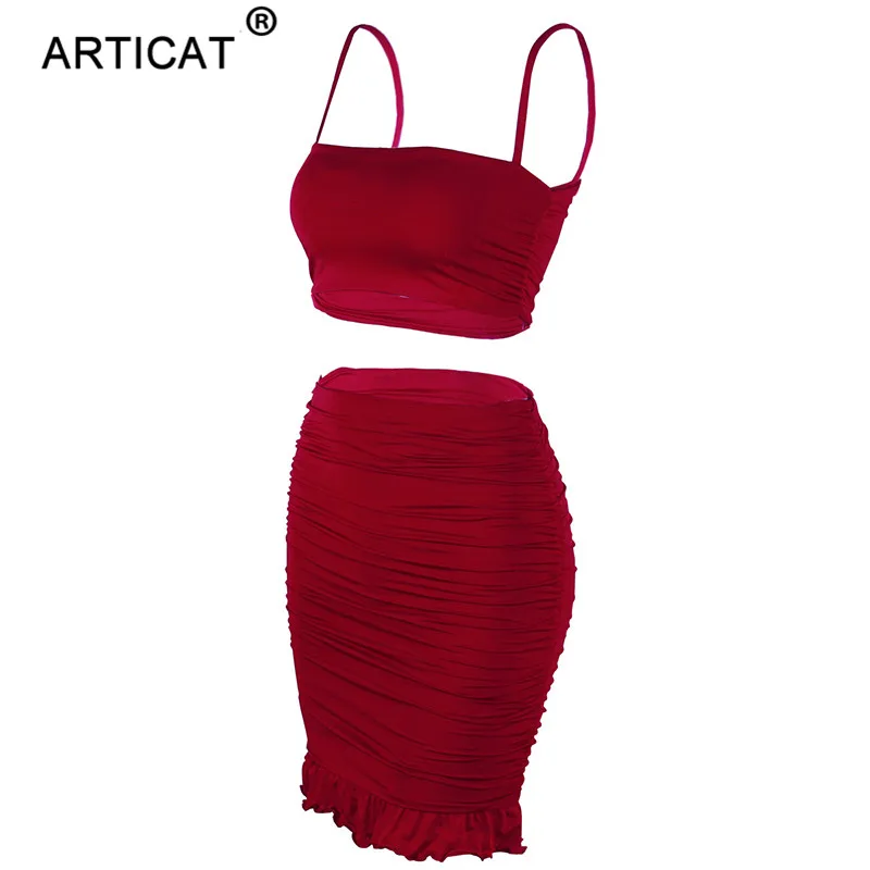 Articat Women Sexy Bodycon 2 Piece Dress Set Ruffles Spaghetti Strap Crop Top Summer Mini Skirts Suits Fashion Solid Outfits