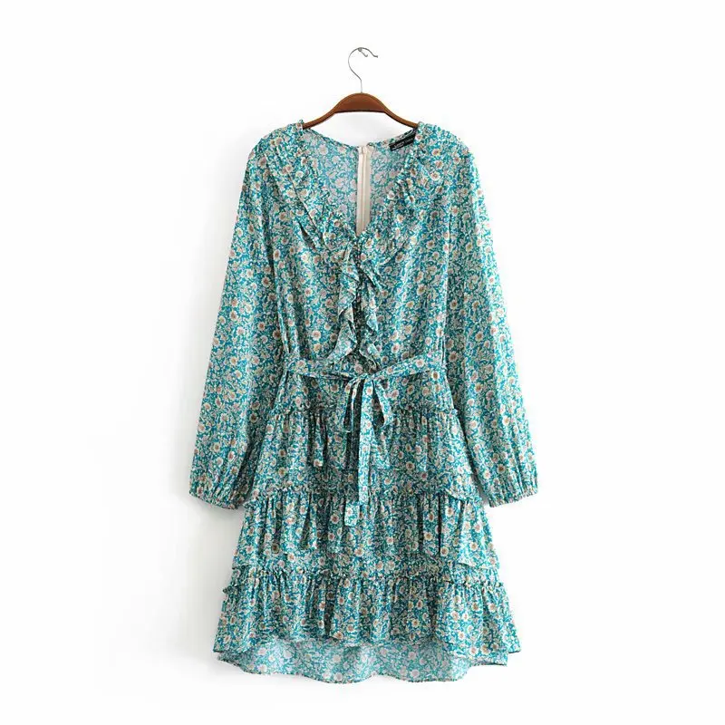 

2019 Spring And Summer New Style Cotton Wavy Edge Back Hidden Zipper Long Sleeve Belt Dress 102-8377