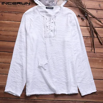 

INCERUN Vintage Men Shirts Solid Color Printed Neck Lace Up Casual Retro Nepal Style Mens Tops Long Sleeve High Quality Shirts