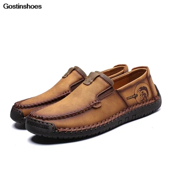 

Shoes Men Retro Style Fashion Moccasins Leather Shoes Men Loafers Cow Leather Rubber Slip-on Hand Sewing Casual Genuine Leather
