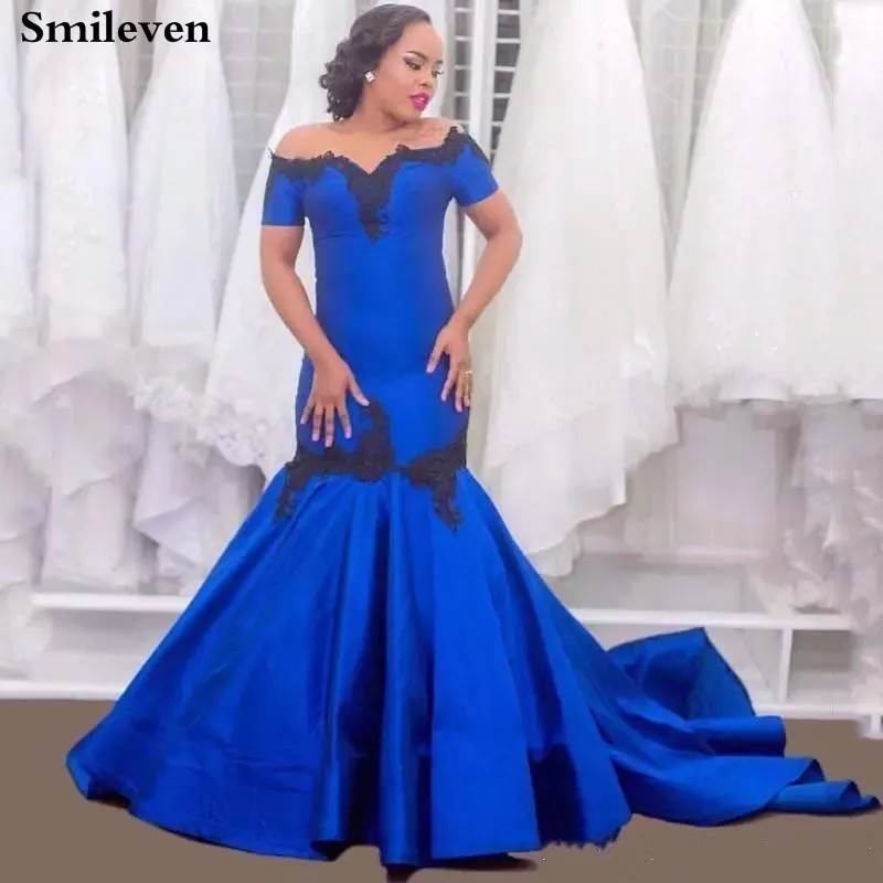 

Smileven Royal Blue Mermaid Evening Dress Off The Shoulder Dubai Lace Evening Party Dress A Line Princess Prom Gowns For Women