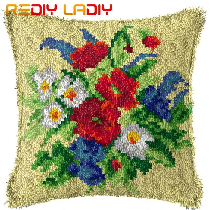 Latch Hook Cushion Poppy & Daisy Pillow Case Printed Color Canvas Acrylic Yarn Latched Crochet Cover Kits | Дом и сад
