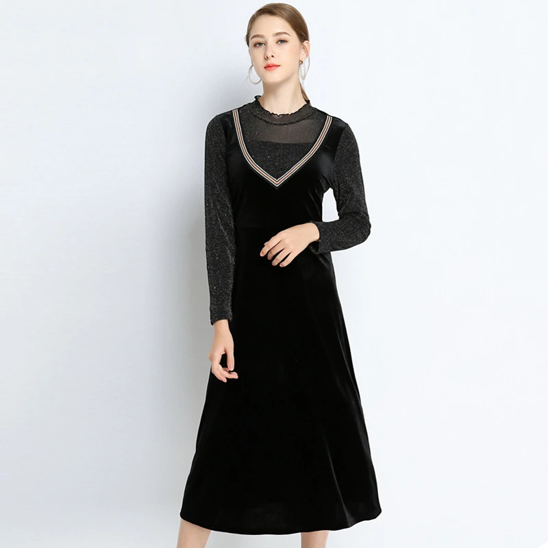 

Elegant Little Black Evening Dresses A-Line O-Neck Long Sleeve Stretchy Autumn Winter Ladies Short Party Gowns Robe De Soiree